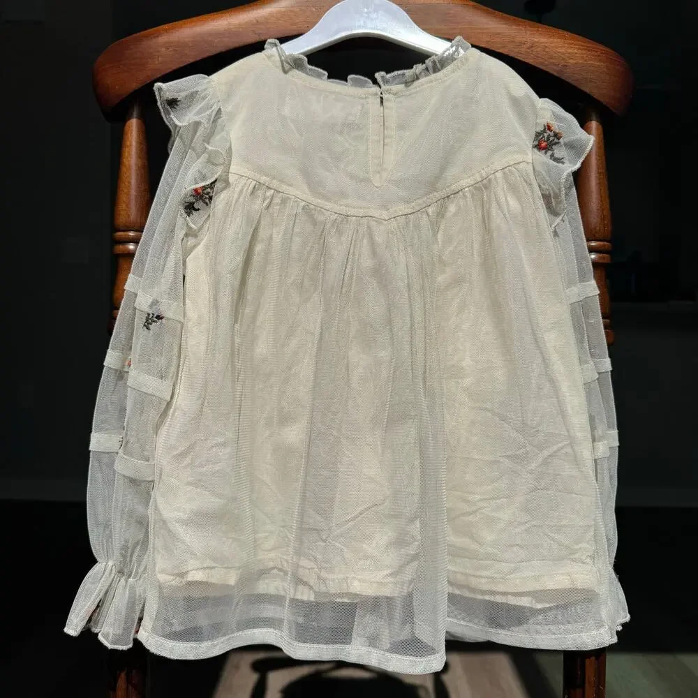 Zara Girls Embroidered Mesh Blouse Size 6 (116) Ivory Floral Tiered Sleeve Sheer